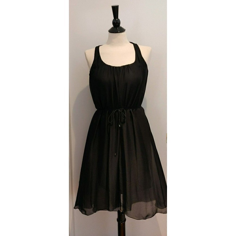Elie Tahari Sleeveless Black Waterfall Silk Dress with Flowy Silhouette Belt XS